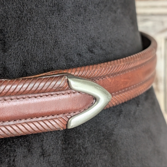 New Brighton Burgundy Leather Belt with Western Silver Plated Buckle, Size 30